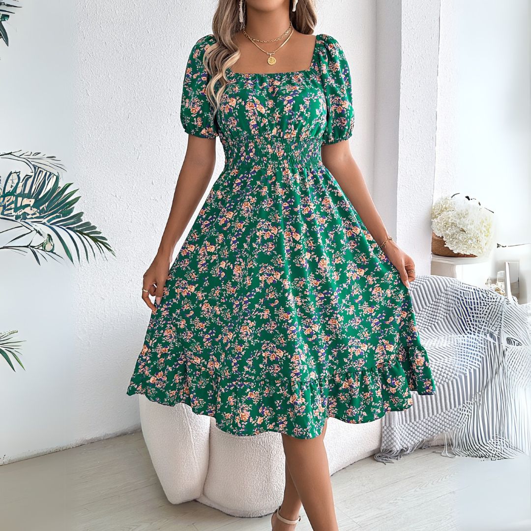 Vestea | Elegant Floral Midi Dress with Puff Sleeves