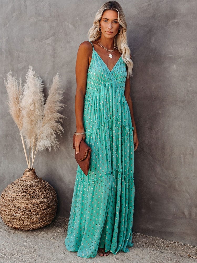 Camille® | Green V-Neck Maxi Beach Dress