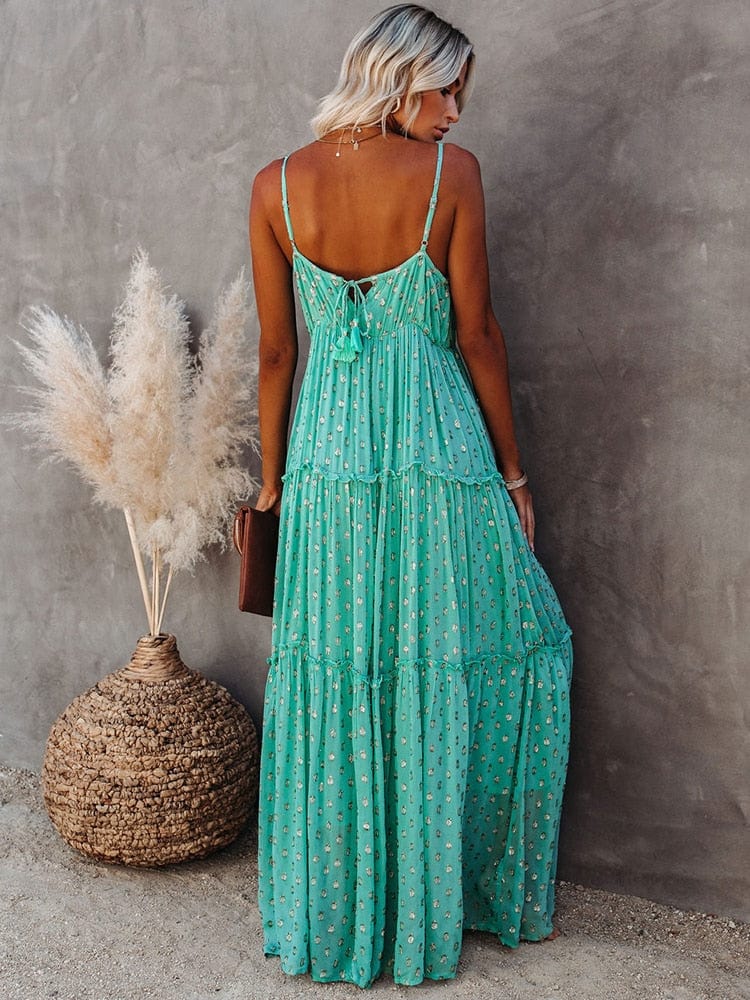 Camille® | Green V-Neck Maxi Beach Dress
