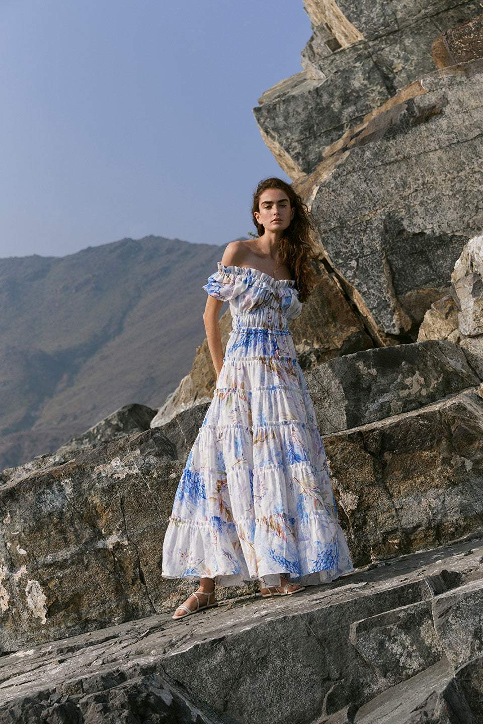 Antonella® | Heather colored maxi dress with animal ruffles and print