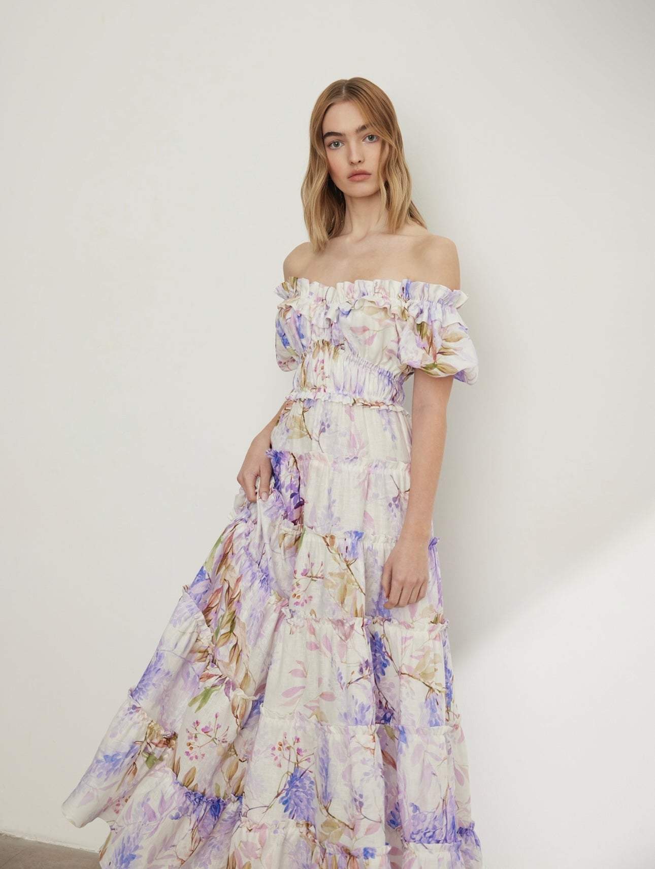 Antonella® | Heather colored maxi dress with animal ruffles and print