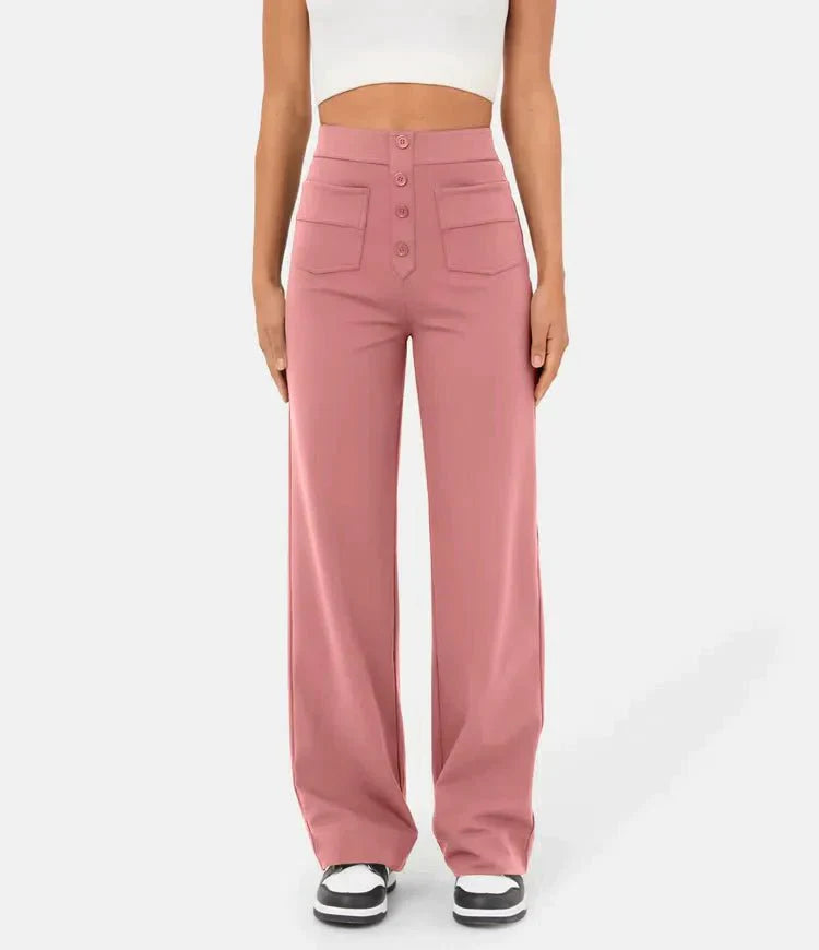 Aimee | High Waist Relaxed Leg Trousers with Button Detail