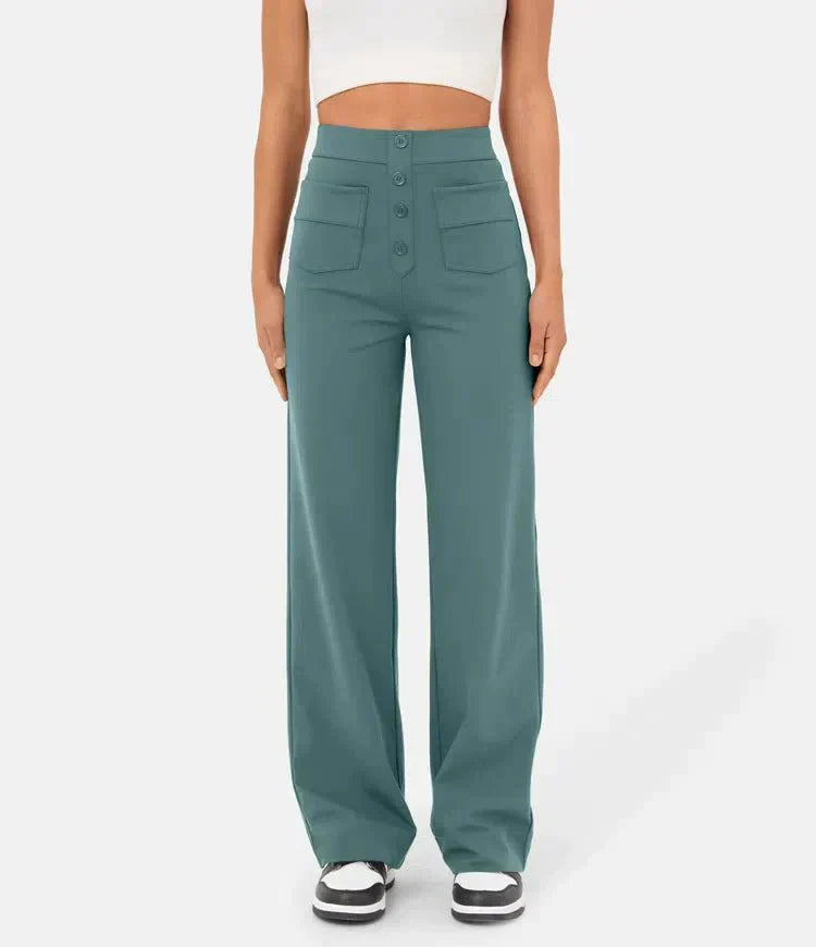 Aimee | High Waist Relaxed Leg Trousers with Button Detail