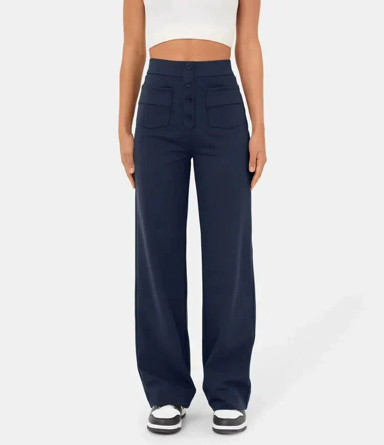 Aimee | High Waist Relaxed Leg Trousers with Button Detail