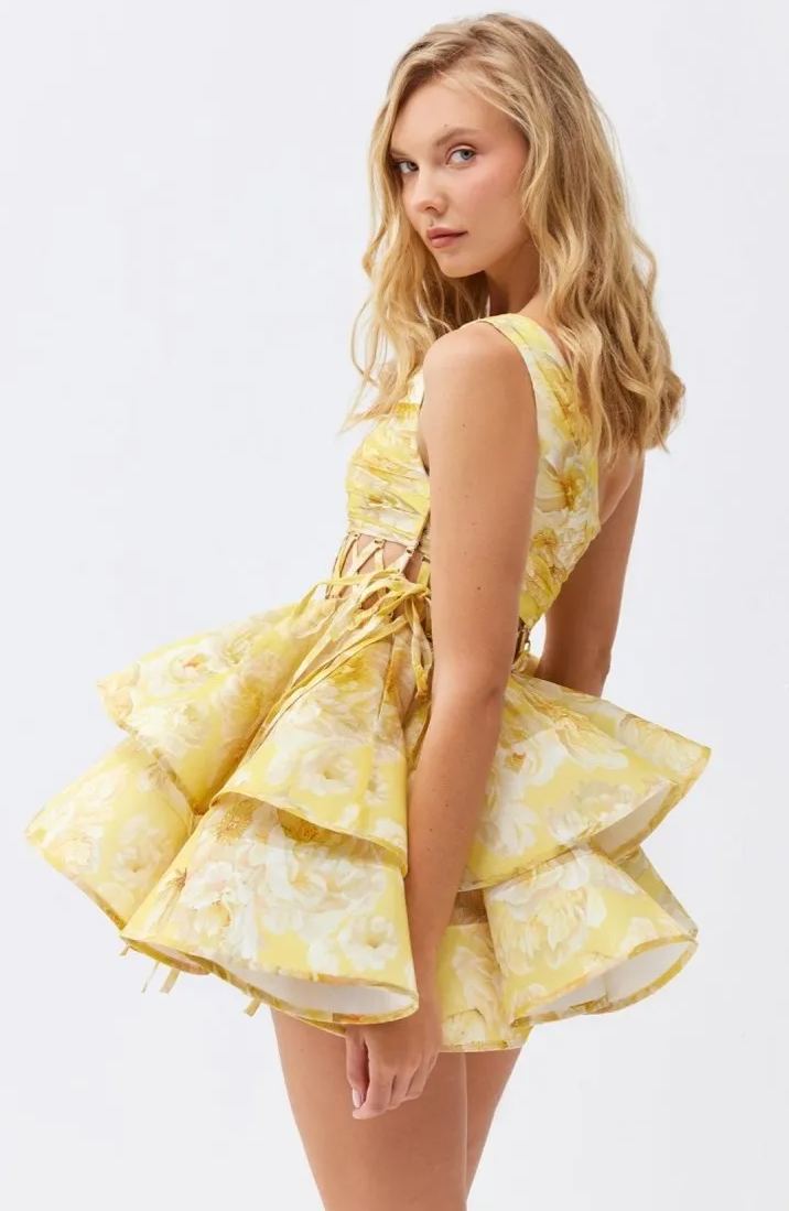 Aurora® | Floral-Print One-Shoulder Chiffon Mini Dress