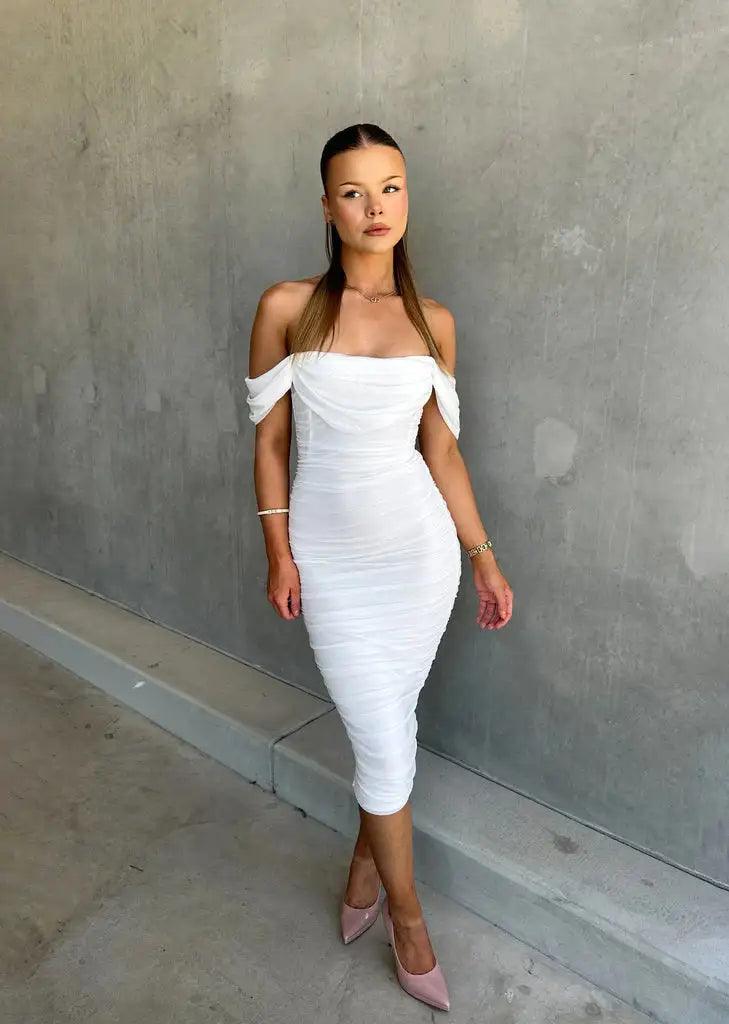 Scarlett | Elegant Off-Shoulder Bodycon Midi Dress with Draped Sleeves