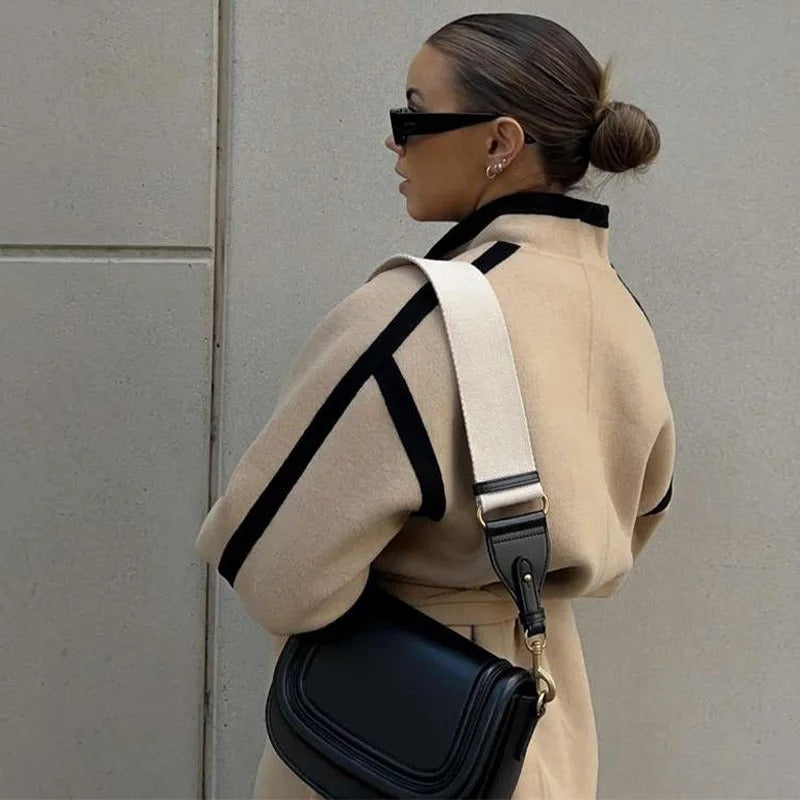 Women’s Wrap Blazer Jacket – Relaxed Fit – Wool Blend – Self-Tie Waist – Contrast Trim