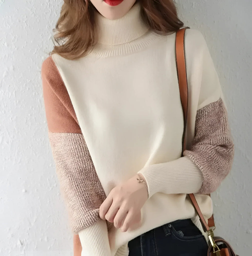 Women’s Turtleneck Sweatshirt – Wool Blend – Relaxed Fit – Asymmetric Two-Tone Knit