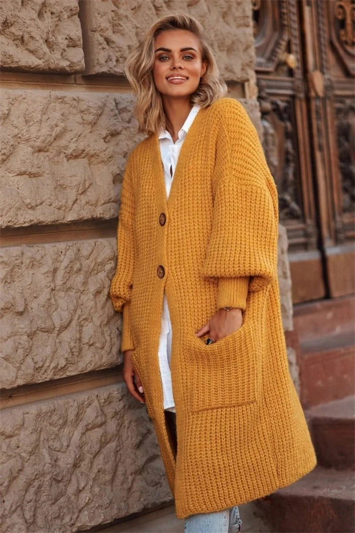 Women’s Knit Coat – Wool Chunky Texture – Oversized Fit – Long Length – Button Front