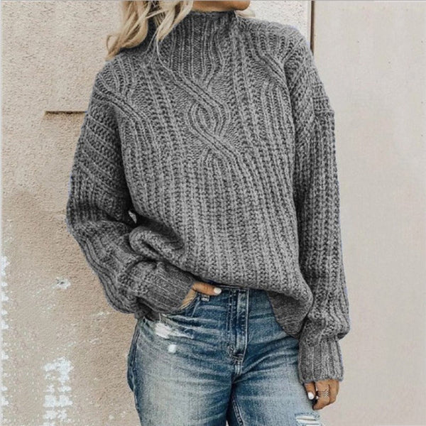 Women’s Pullover Sweater – Wool Cable Knit – High Neck – Relaxed Fit – Long Sleeve