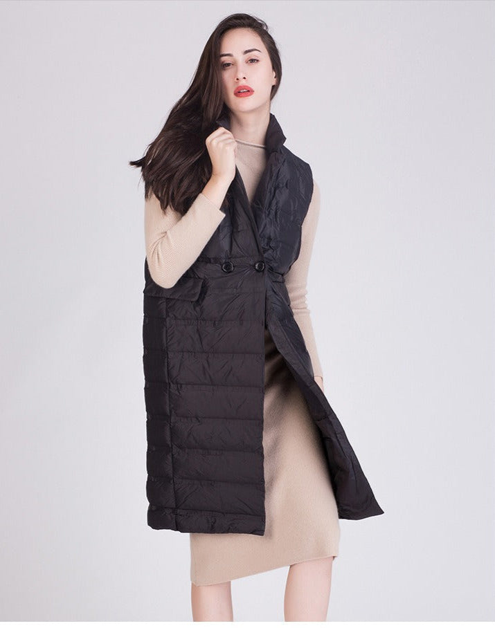 Women’s Quilted Vest – Slim Fit – Duck Down Padded – Sleeveless Knee-Length Outerwear