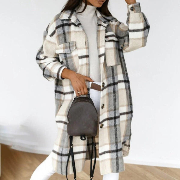 Women’s Checkered Jacket – Oversized Fit – Wool Blend – Knee Length – Button Front