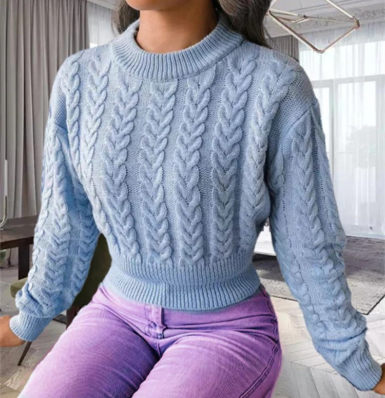 Women’s Knitted Sweater – Wool – Cable Knit – Cropped Fit – Ribbed Crew Neck