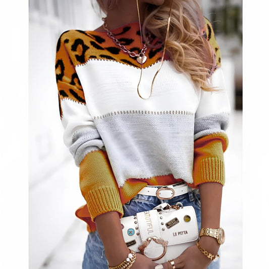 Women’s Sweatshirt – Relaxed Fit Knit – Animal Print – Color Block – Long Sleeve Casual