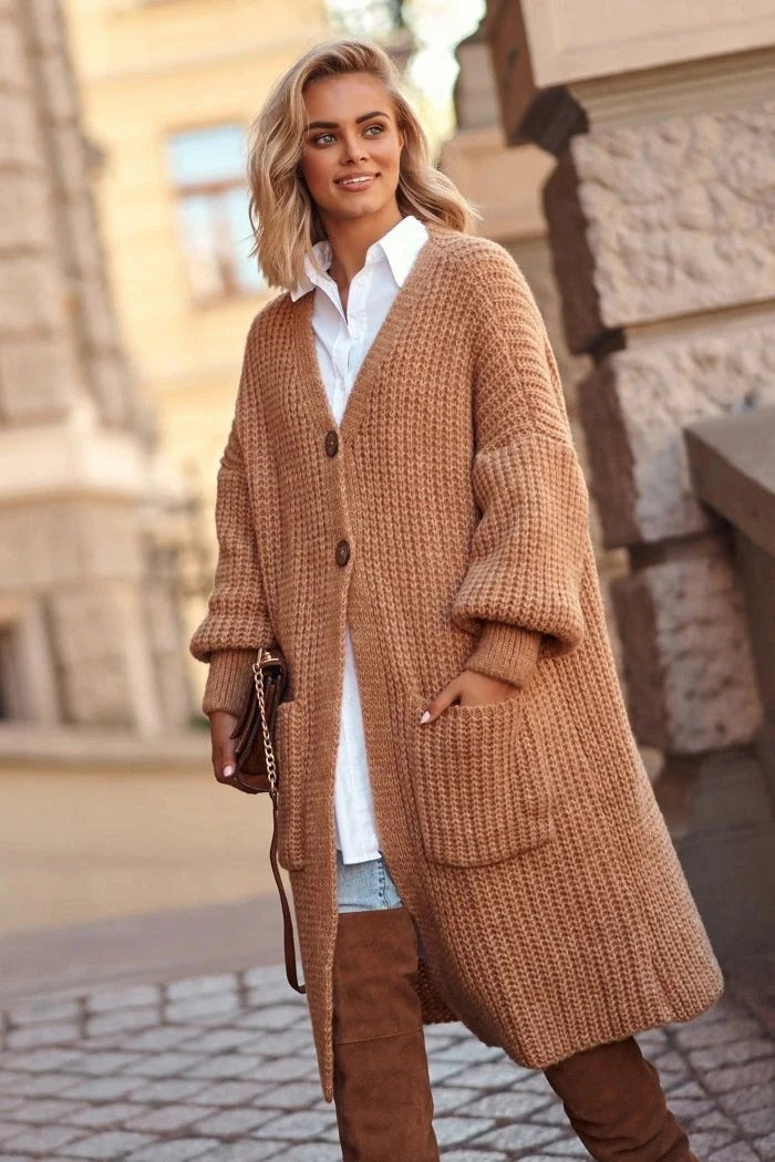 Women’s Knit Coat – Wool Chunky Texture – Oversized Fit – Long Length – Button Front