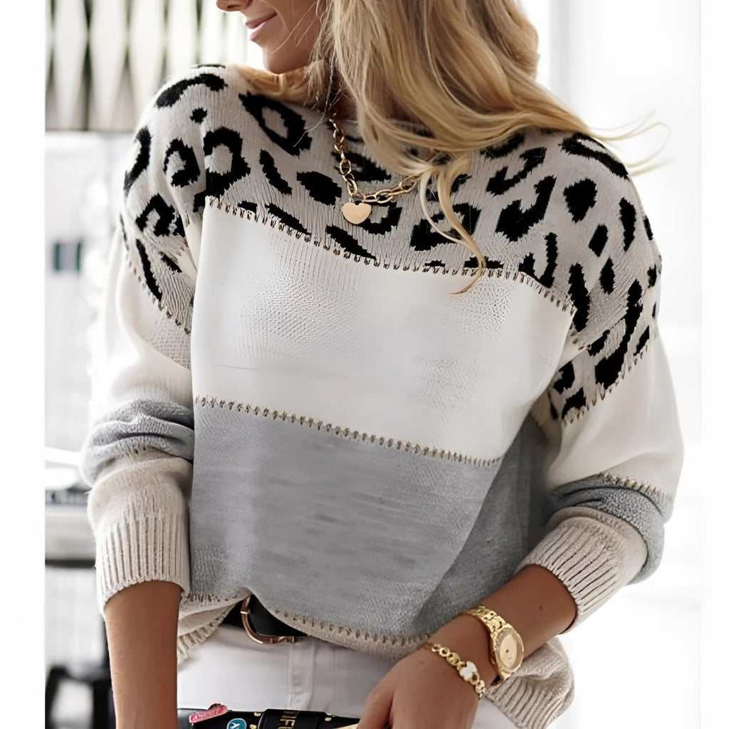 Women’s Sweatshirt – Relaxed Fit Knit – Animal Print – Color Block – Long Sleeve Casual
