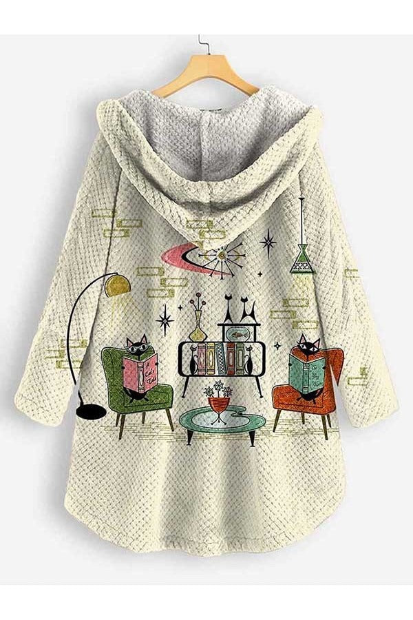 Women’s Hooded Coat – Fleece – Oversized Fit – Open Front – Whimsical Printed Design