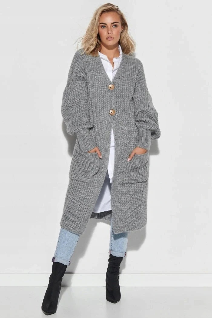 Women’s Knit Coat – Wool Chunky Texture – Oversized Fit – Long Length – Button Front