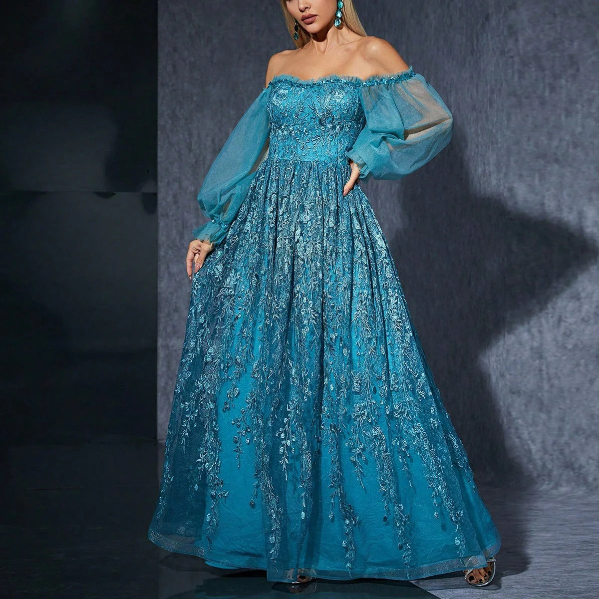 Women’s Evening Gown – Off-Shoulder – Embroidered Sheer Sleeves – Full-Length Skirt