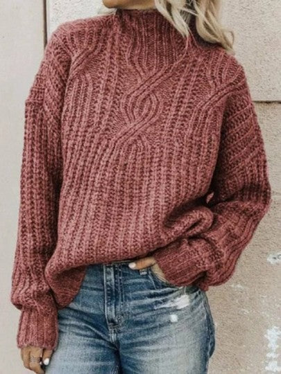 Women’s Pullover Sweater – Wool Knit – Oversized Fit – High Collar – Cable Design
