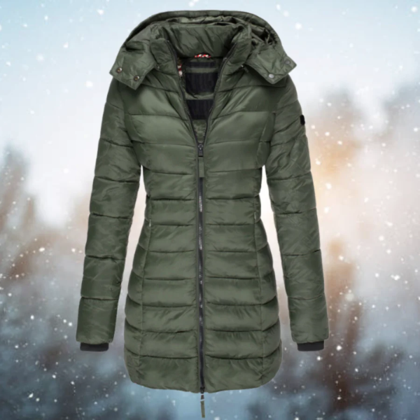 Women’s Puffer Jacket – Slim Fit – Long Length – Quilted Insulation – Detachable Hood