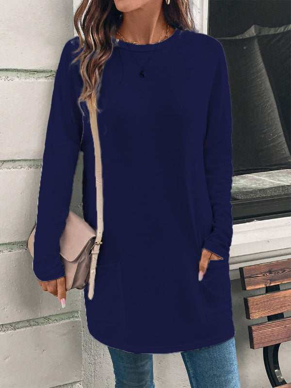 Women’s Tunic Top – Cotton Blend – Loose Fit – Long Sleeve – Round Neck – Pockets