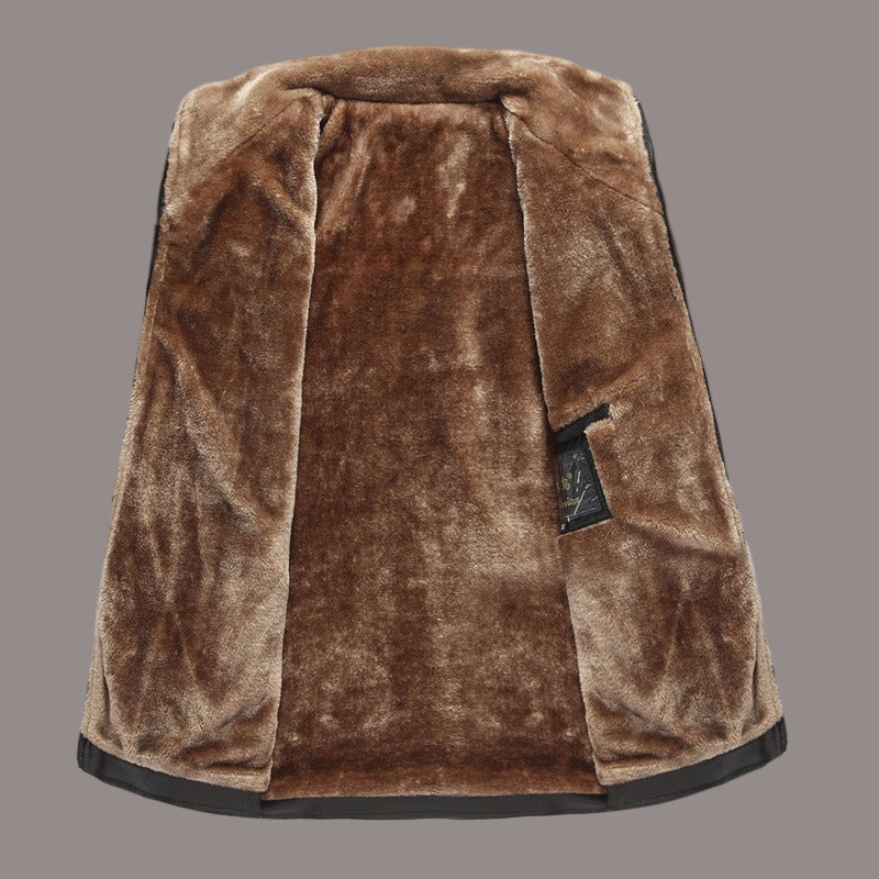 Men’s Leather Jacket – Structured Fit – Fuzzy Lining – Wide Collar – Zip Front