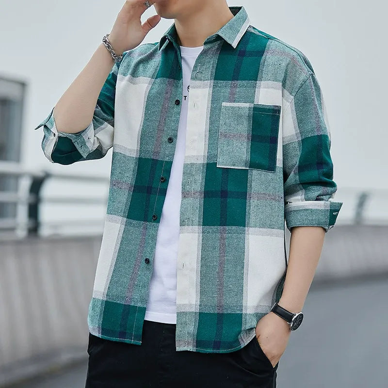 Men’s Button-Up Shirt – Loose Fit – Plaid Pattern – Long Sleeve – Soft Cotton