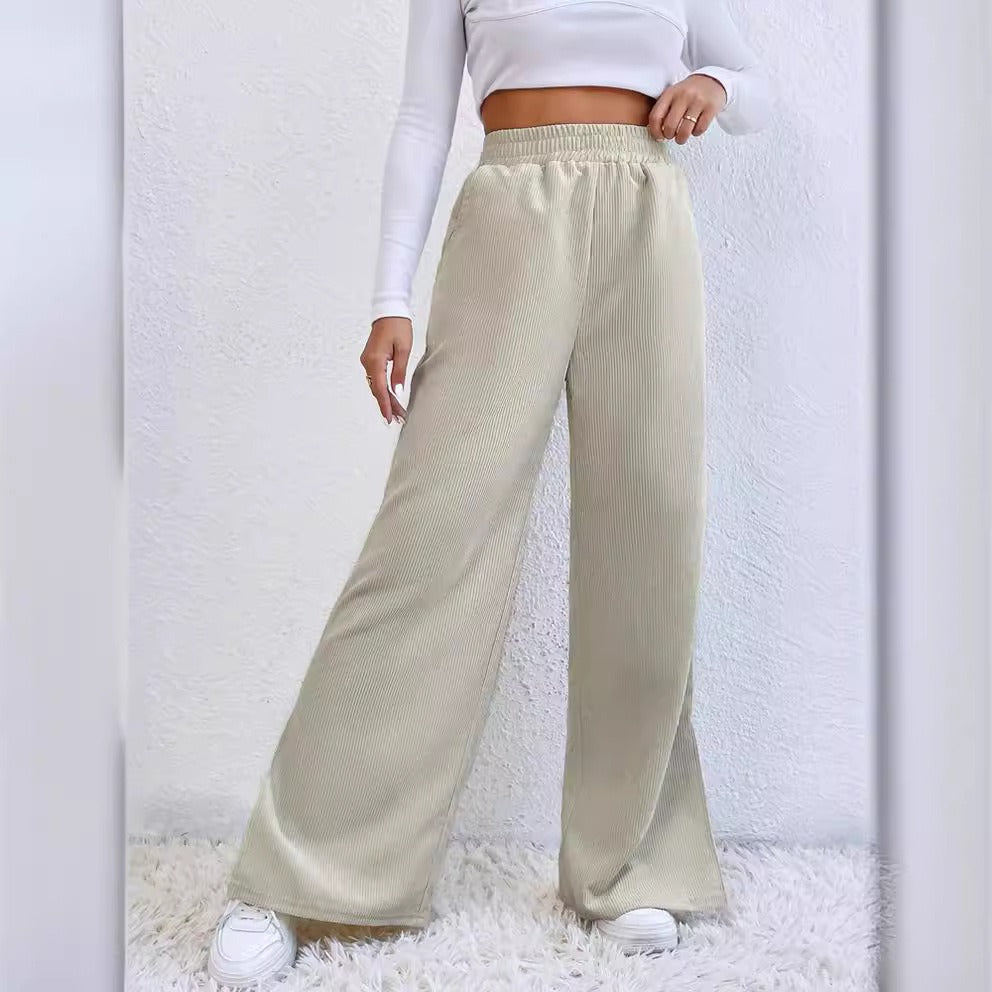 Women’s Wide-Leg Trousers – High Waist – Corduroy Texture – Split Hem – Elastic Waist