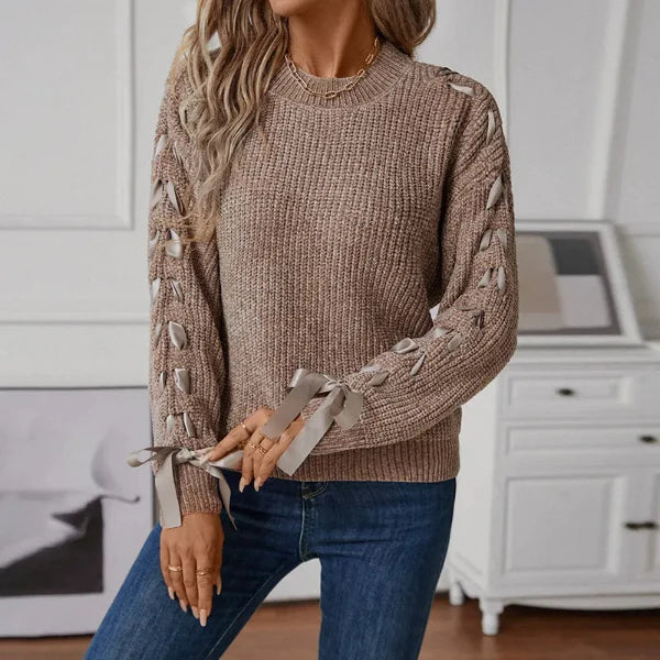 Women’s Pullover Sweater – Relaxed Fit – Soft Knit – Lace-Up Sleeves – Crew Neck