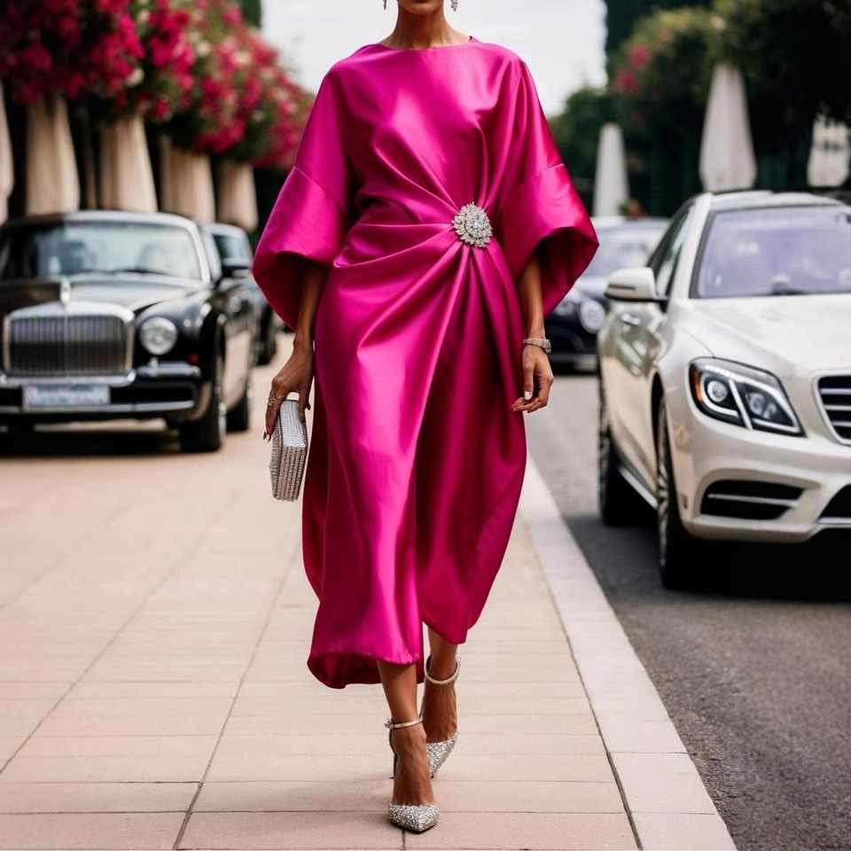 Women’s Midi Dress – Satin Finish – Relaxed Fit – Draped Design – Brooch Detail