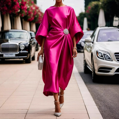 Women’s Midi Dress – Satin Finish – Relaxed Fit – Draped Design – Brooch Detail