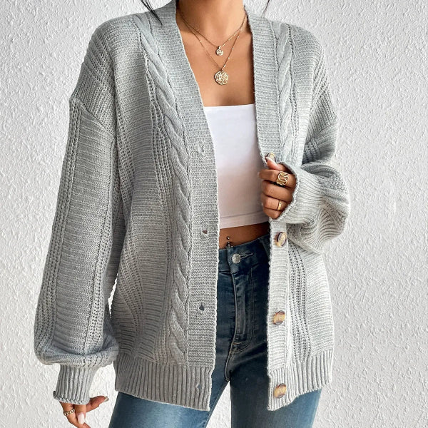 Women’s Knitted Cardigan – Cable Knit – Oversized Fit – Button Front – Ribbed Hem