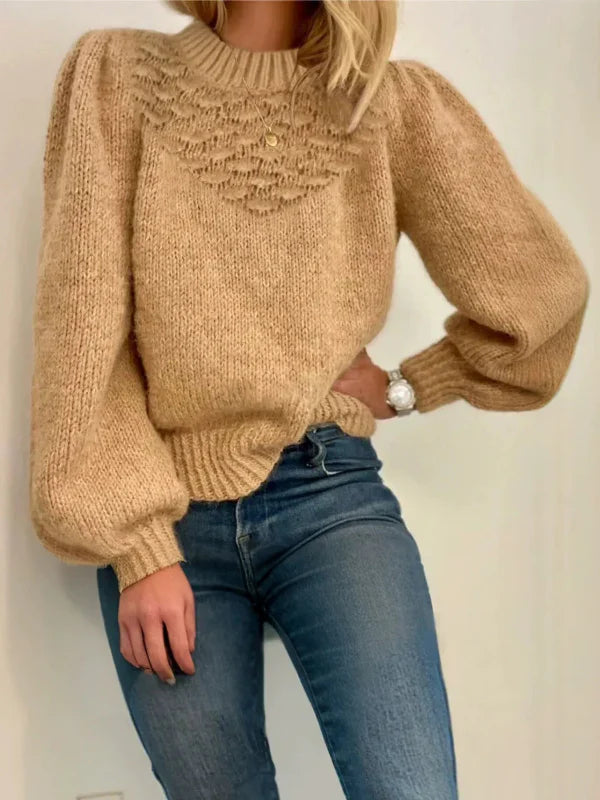 Women’s Pullover Sweater – Wool Knit – Relaxed Fit – Lantern Sleeves – Ribbed Crew Neck