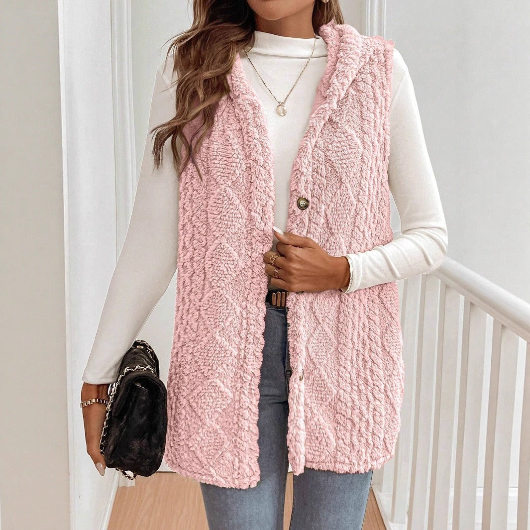 Women’s Hooded Cardigan Vest – Plush Texture – Relaxed Fit – Button Front Layer