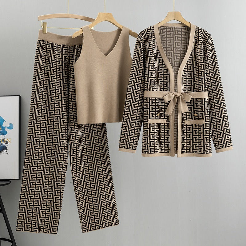 Women’s 3-Piece Knit Set – Geometric Pattern – Sleeveless Top – Wide Leg Pants – Tie Waist Cardigan