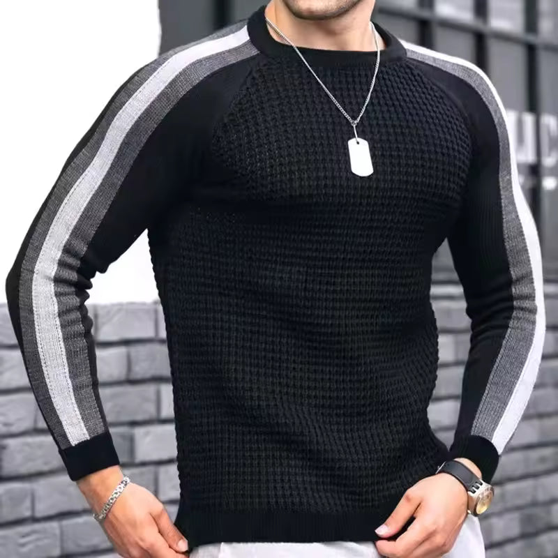 Men’s Sweater – Slim Fit – Wool Blend – Textured Knit – Ribbed Trim – Stripe Sleeve