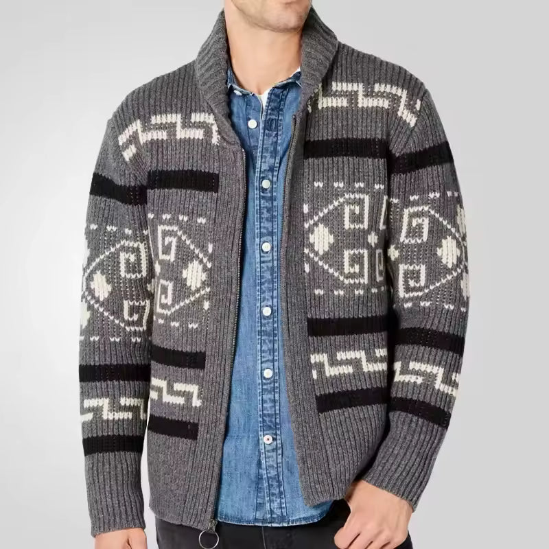 Men’s Cardigan – Wool Blend Knit – Regular Fit – Zip Front – Patterned Design