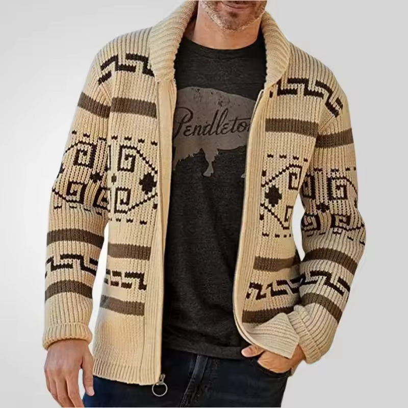 Men’s Cardigan – Wool Blend Knit – Regular Fit – Zip Front – Patterned Design