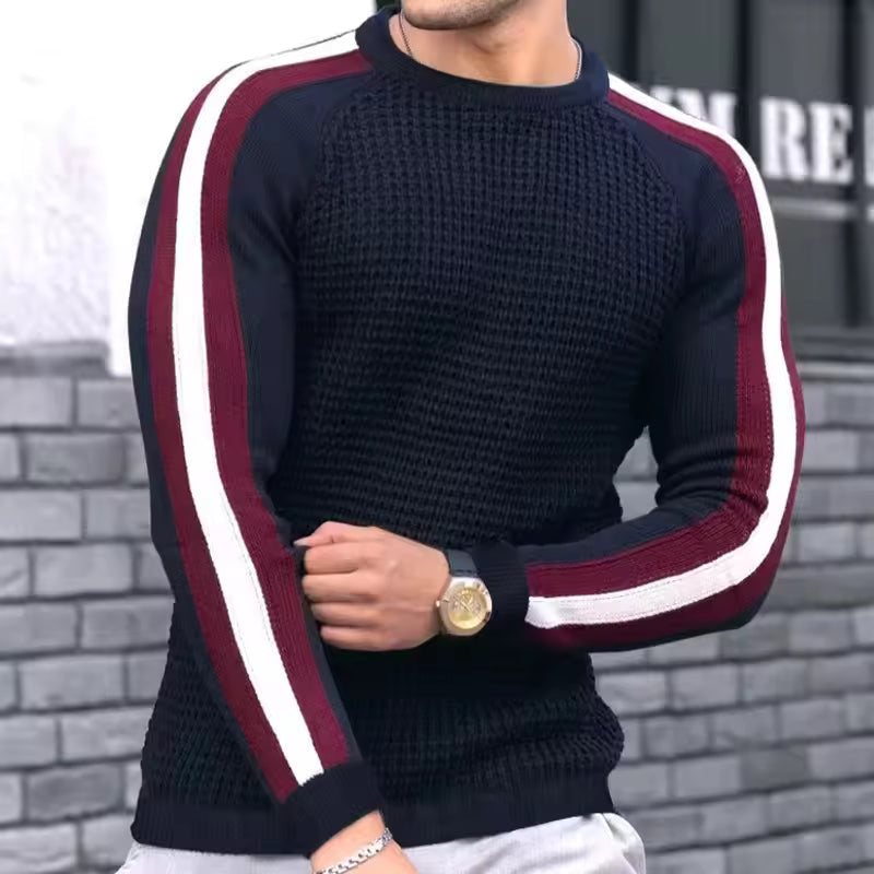 Men’s Sweater – Slim Fit – Wool Blend – Textured Knit – Ribbed Trim – Stripe Sleeve
