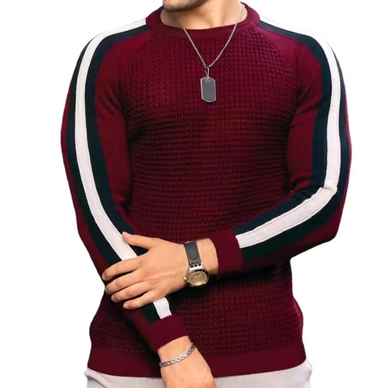 Men’s Sweater – Slim Fit – Wool Blend – Textured Knit – Ribbed Trim – Stripe Sleeve