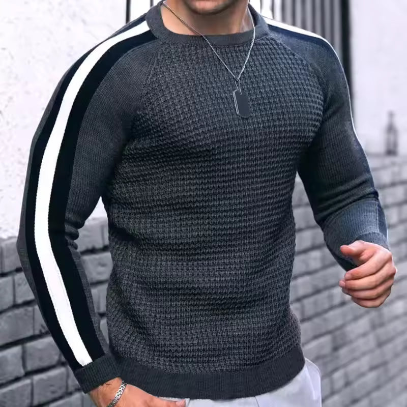 Men’s Sweater – Slim Fit – Wool Blend – Textured Knit – Ribbed Trim – Stripe Sleeve