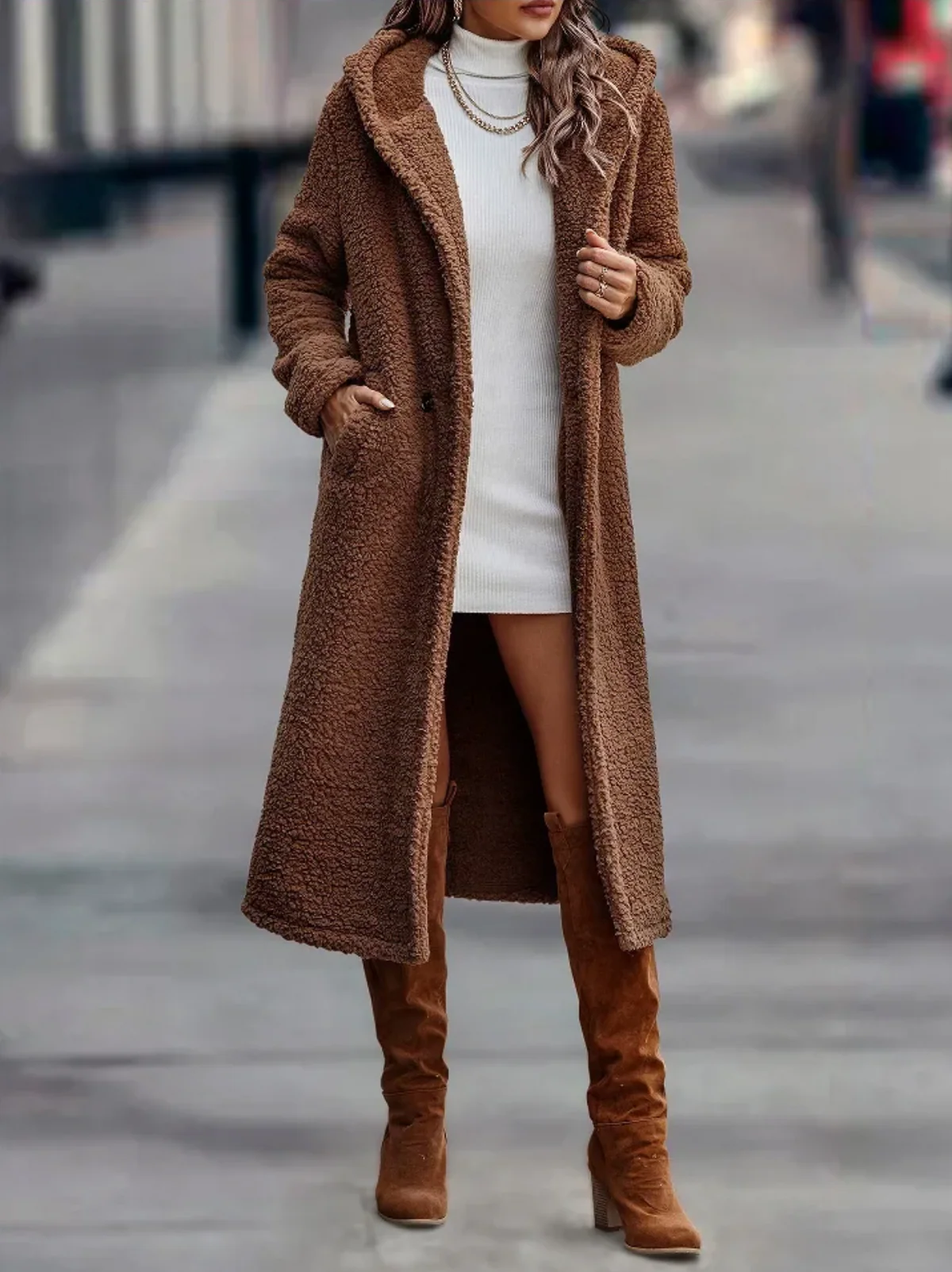 Women’s Overcoat – Teddy Texture – Relaxed Fit – Calf Length – Hooded Open Front