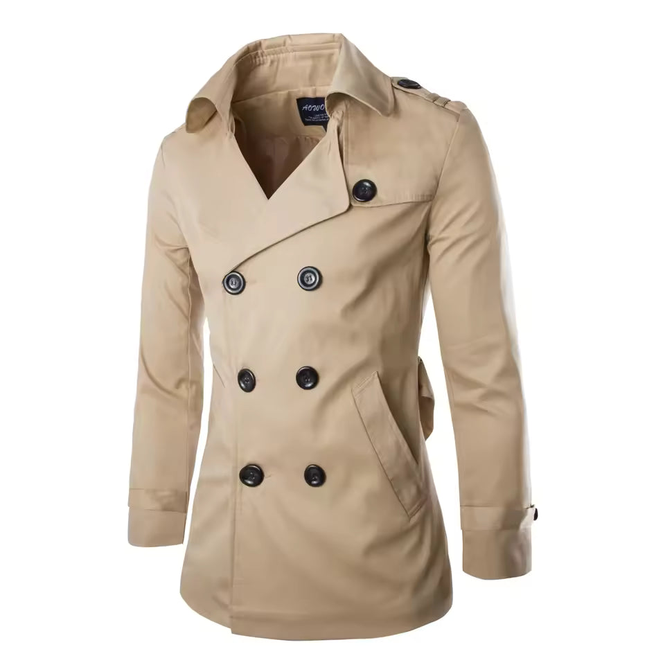 Men’s Coat – Tailored Fit – Double-Breasted Cotton – Notched Lapel – Epaulettes