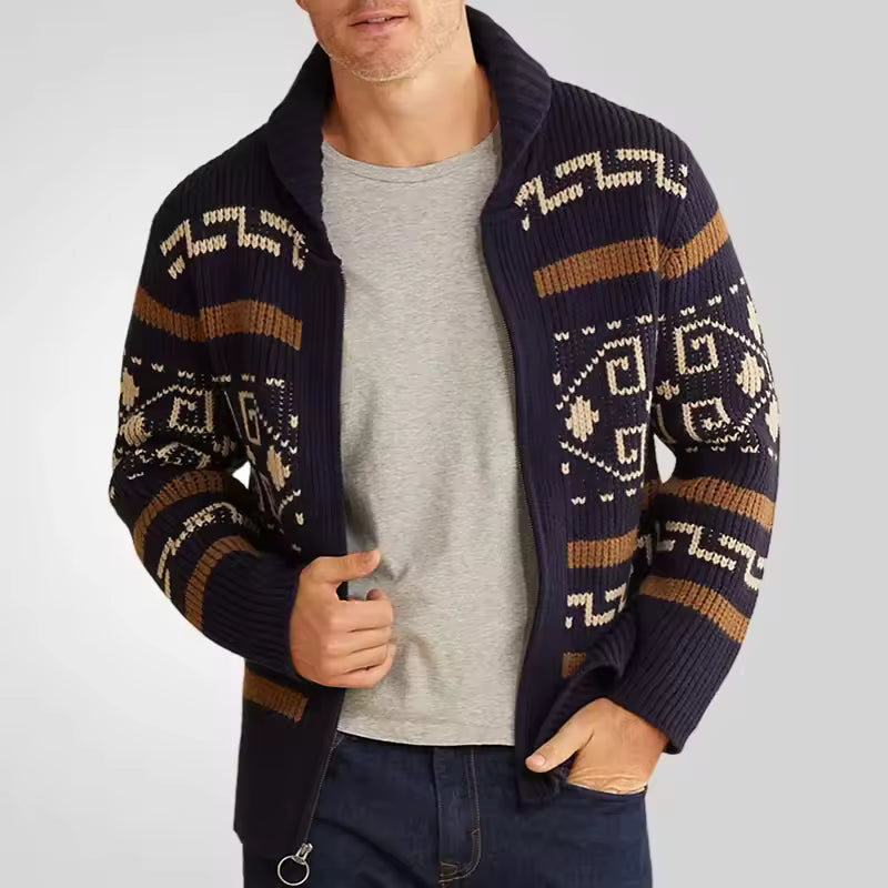 Men’s Cardigan – Wool Blend Knit – Regular Fit – Zip Front – Patterned Design