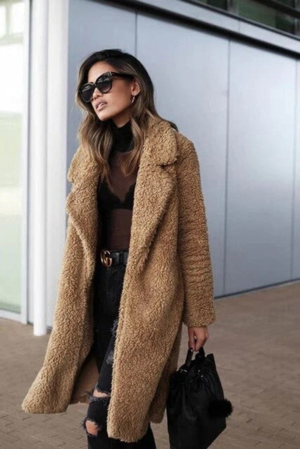Women’s Teddy Coat – Oversized Fit – Long Length – Soft Textured – Lapel Collar