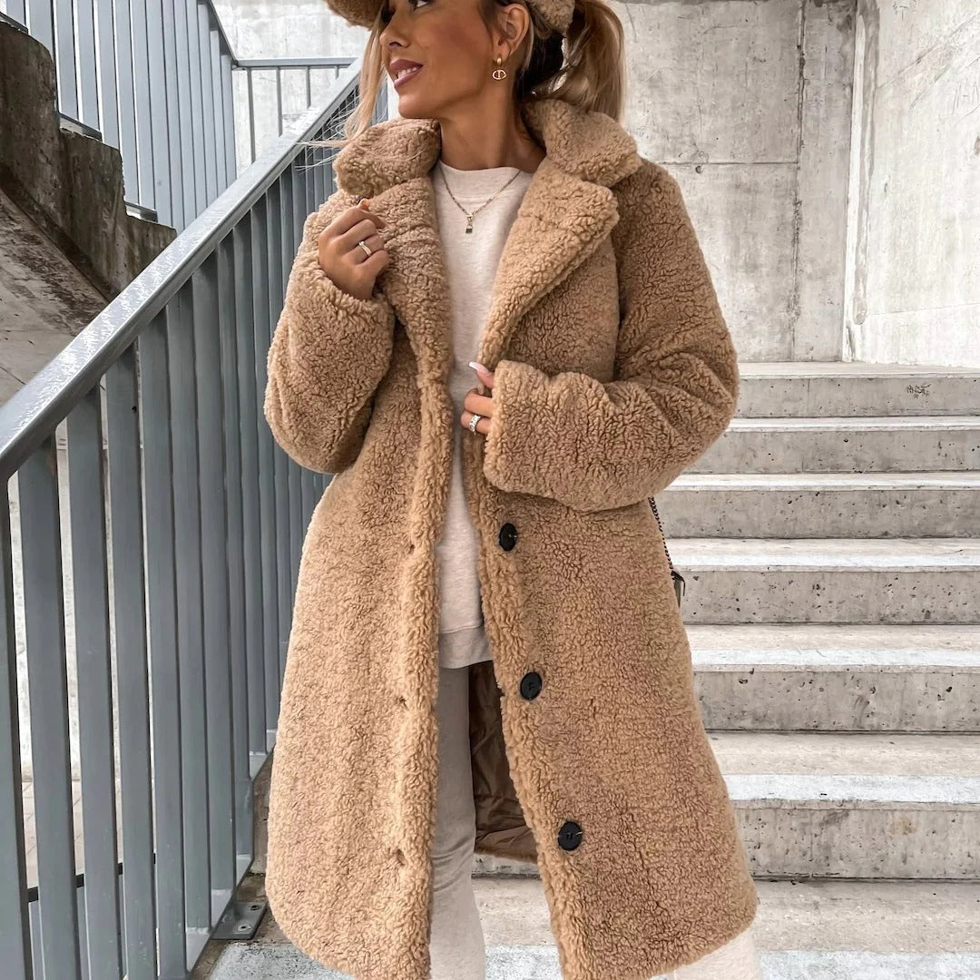 Women’s Long Teddy Coat – Oversized Fit – Faux Shearling – Notched Lapel – Button Front