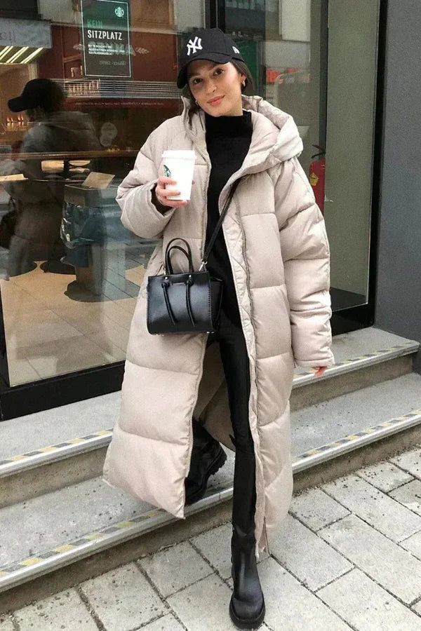 Women’s Puffer Coat – Quilted Oversized Fit – Full Length – Hooded – High Neck Warm Wear