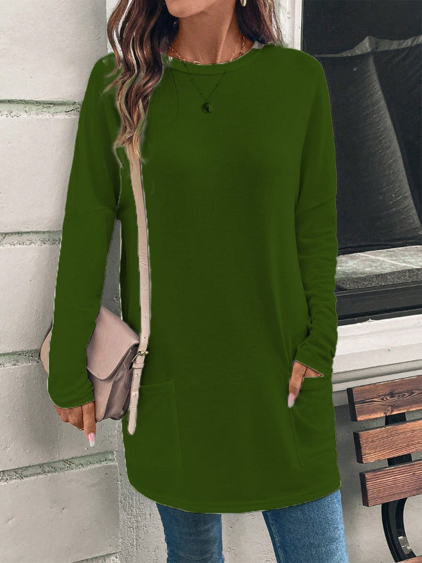 Women’s Tunic Top – Cotton Blend – Loose Fit – Long Sleeve – Round Neck – Pockets