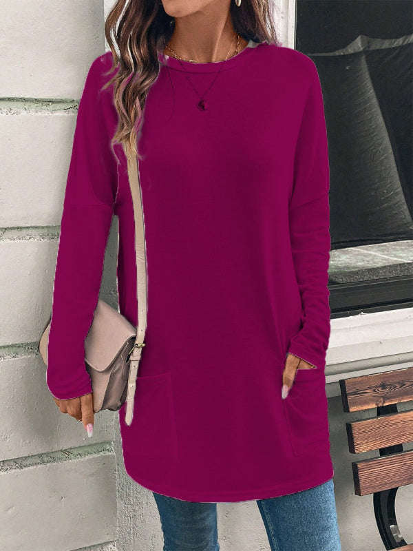 Women’s Tunic Top – Cotton Blend – Loose Fit – Long Sleeve – Round Neck – Pockets
